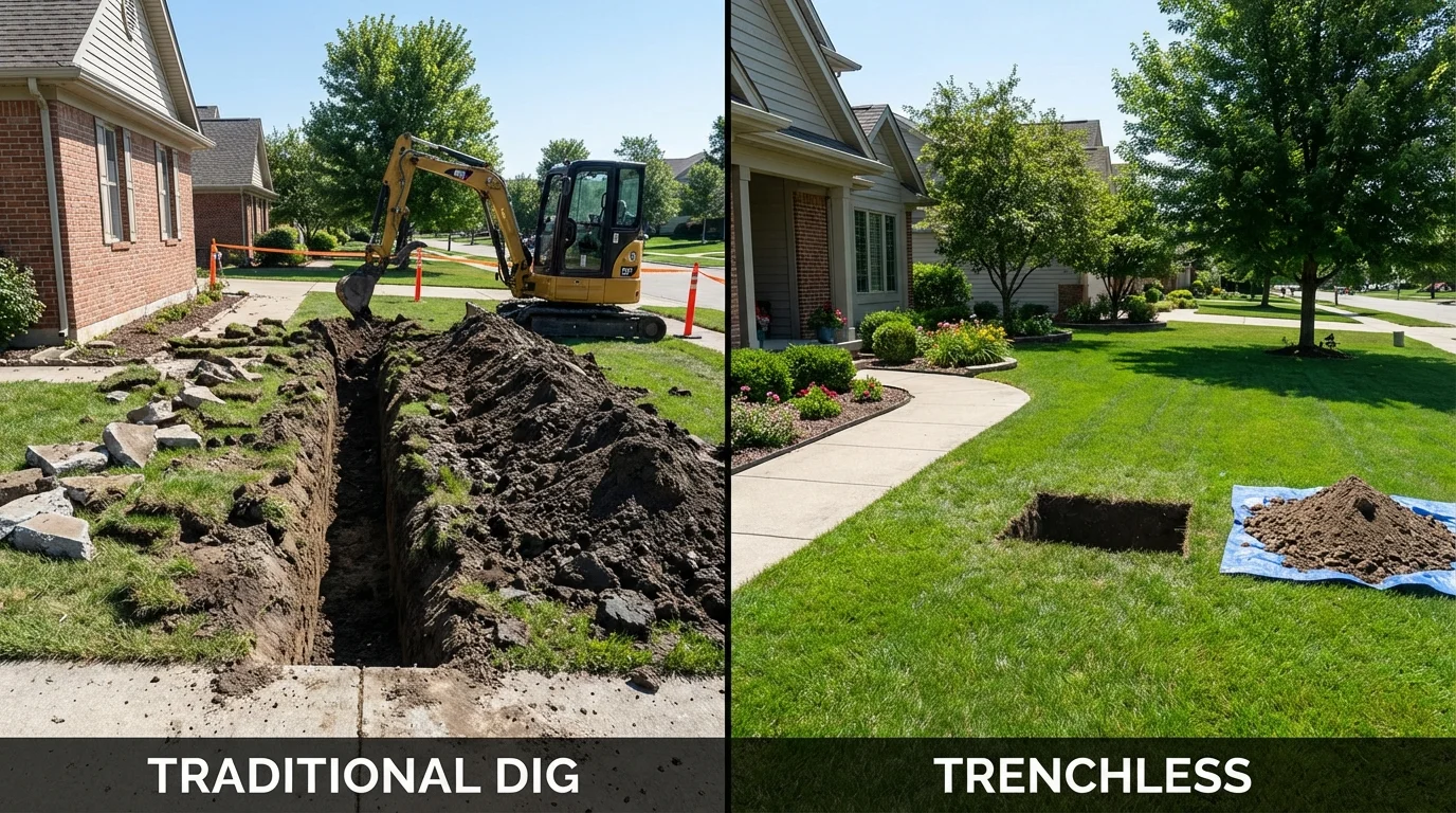 Trenchless sewer repair with minimal yard damage versus traditional excavation in Fairfield, IL