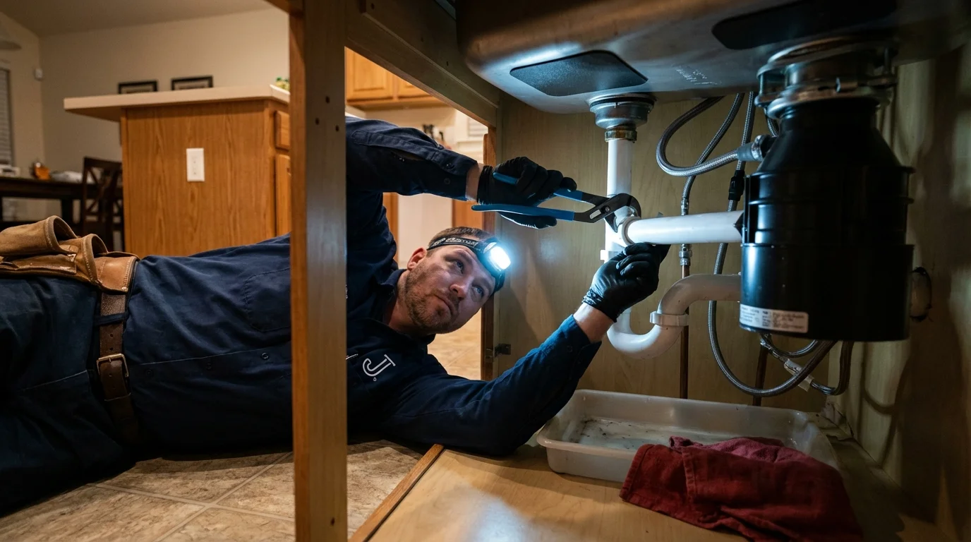 P-trap and supply line connections under a kitchen sink showing a common leak point in Fairfield, IL